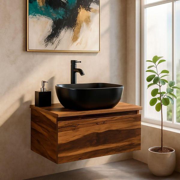 MUEBLE PARA BAÑO ASTRA TZALAM VONIA CON LAVABO NEGRO, LLAVE NEGRA Y DESAGÜES LISTO PARA INSTALAR