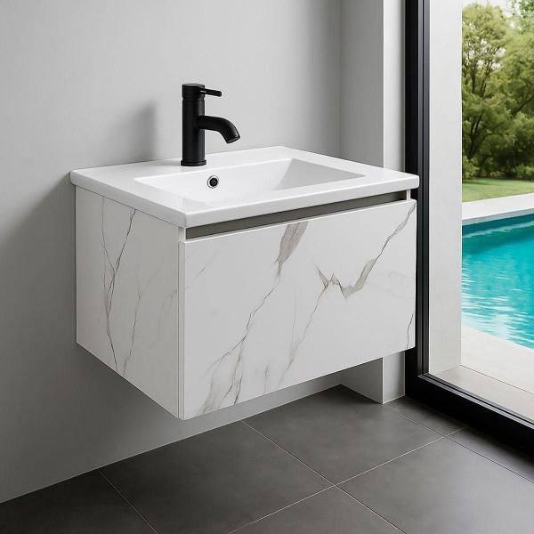 MUEBLE PARA BAÑO BUNA MARMOL BLANCO CON LAVABO BLANCO, LLAVE NEGRA Y DESAGÜES LISTO PARA INSTALAR