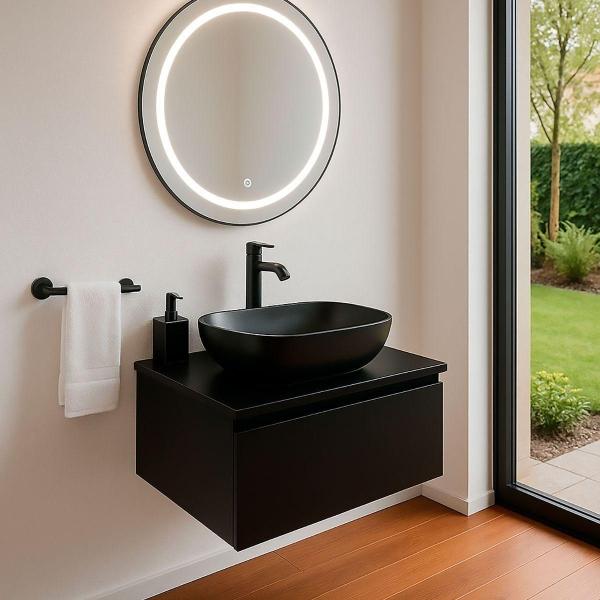 MUEBLE PARA BAÑO ASTRA NEGRO VONIA CON LAVABO NEGRO, LLAVE NEGRA Y DESAGÜES LISTO PARA INSTALAR