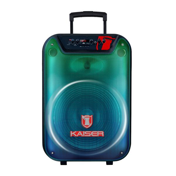 BAFLE KAISER 15" 25,000 W PMPO, RECARGABLE, BLUETOOTH, CON LLANTAS Y MICROFONO ALÁMBRICO