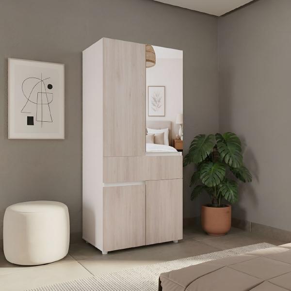 ARMARIO EXPANDIBLE KEENT CON ESPEJO MADERKIT CON 1 GAVETA GRANDE Y 4 PUERTAS COLOR CENIZA BLANCO