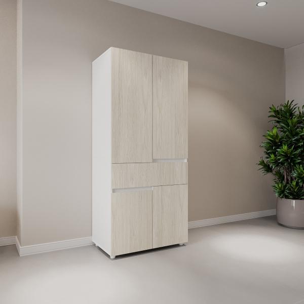 ARMARIO EXPANDIBLE KEENT MARCA MADERKIT CON 1 GAVETA GRANDE Y 4 PUERTAS COLOR NIEBLA-BLANCO