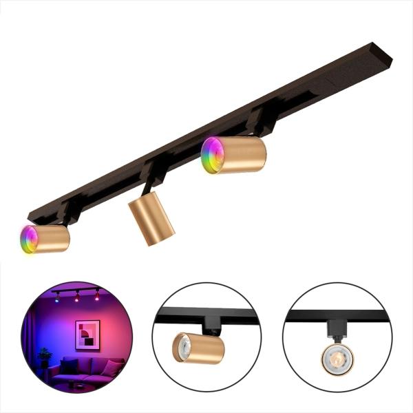 LÁMPARA DE TECHO DORADA PARA RIEL 1M 3 LUMINARIAS GU10 RGB CON CONTROL REMOTO