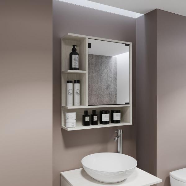 BOTIQUÍN DE BAÑO CON ESPEJO 3 NICHOS ABIERTOS COLOR NIEBLA