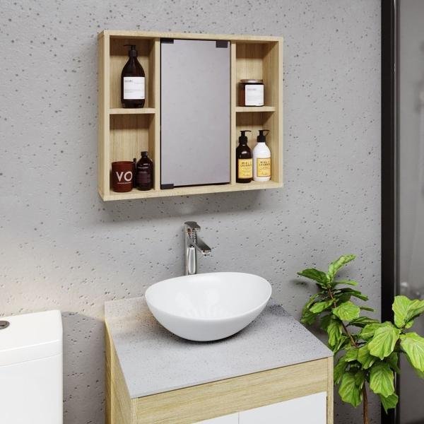BOTIQUÍN DE BAÑO CON ESPEJO CON 4 NICHOS ABIERTOS COLOR ROVERE