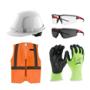 COMBO DE CASCO A LA DELANTERA CON DOS LENTES, GUANTES TALLA M Y CHALECO NARANJA TALLA L