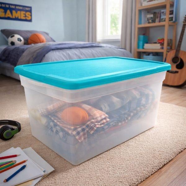 CAJA DE PLÁSTICO DAKOTA 53L / 14 GAL, TRASLUCIDA TAPA TURQUESA
