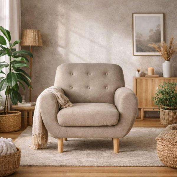 SILLÓN INDIVIDUAL TAPIZADO EN TELA ULTRA SUAVE COLOR HUESO. ESTRUCTURA DE MADERA SÓLIDA