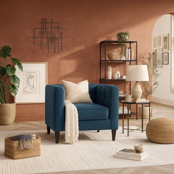 SILLON INDIVIDUAL TAPIZADO EN TELA CHENILLE COLOR AZUL. ESTRUCTURA DE MADERA SÓLIDA