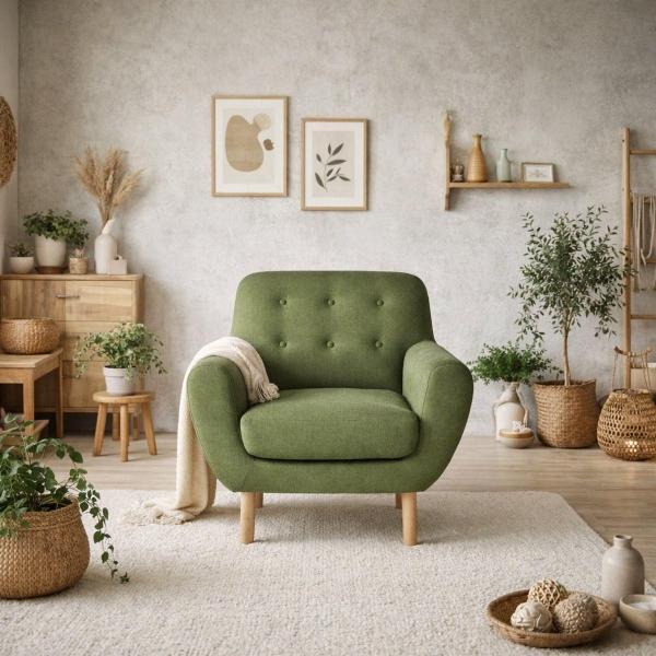 SILLÓN INDIVIDUAL TAPIZADO EN TELA ULTRA SUAVE COLOR VERDE. ESTRUCTURA DE MADERA SÓLIDA