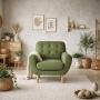 SILLÓN INDIVIDUAL TAPIZADO EN TELA ULTRA SUAVE COLOR VERDE. ESTRUCTURA DE MADERA SÓLIDA