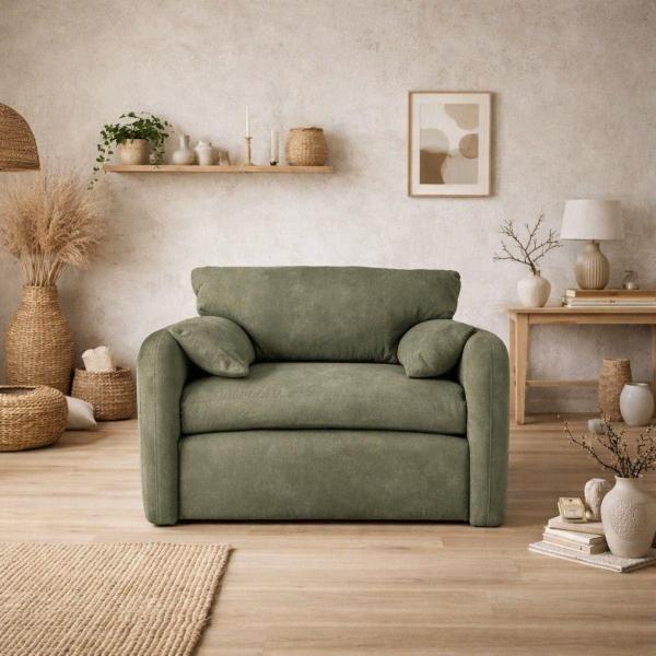 SILLÓN INDIVIDUAL TAPIZADO EN TELA PREMIUM VERDE PLOMO. ESTRUCTURA DE MADERA SÓLIDA