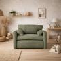SILLÓN INDIVIDUAL TAPIZADO EN TELA PREMIUM VERDE PLOMO. ESTRUCTURA DE MADERA SÓLIDA