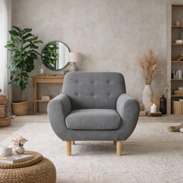 SILLÓN INDIVIDUAL TAPIZADO EN TELA ULTRA SUAVE COLOR GRIS OBSCURO. ESTRUCTURA DE MADERA SÓLIDA