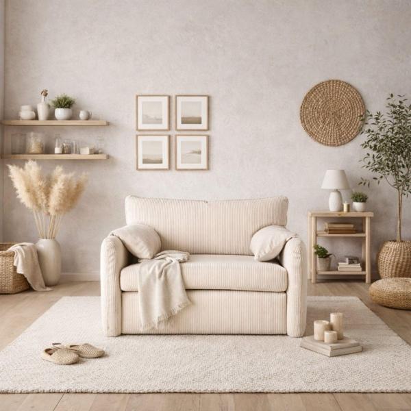 SILLÓN INDIVIDUAL TAPIZADO EN TELA CHENILLE COLOR MARFIL. ESTRUCTURA DE MADERA SÓLIDA