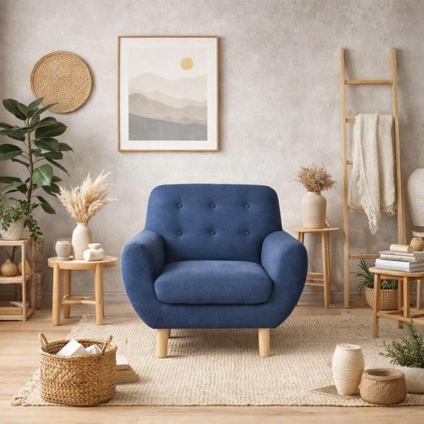 SILLÓN INDIVIDUAL TAPIZADO EN TELA ULTRA SUAVE COLOR AZUL. ESTRUCTURA DE MADERA SÓLIDA