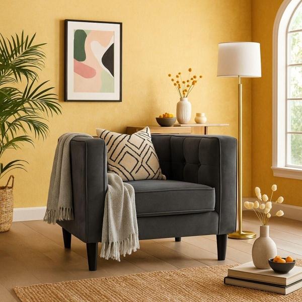 SILLÓN INDIVIDUAL TAPIZADO EN TELA CHENILLE COLOR GRIS OXFORD. ESTRUCTURA DE MADERA SÓLIDA