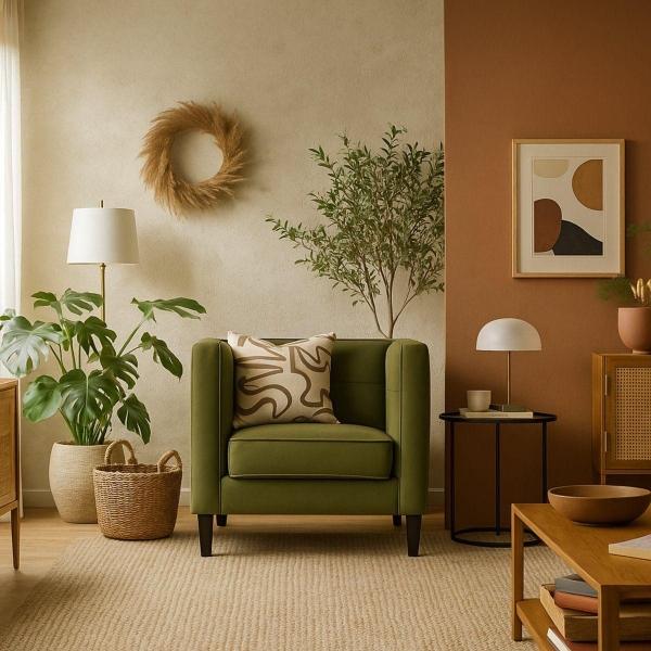 SILLÓN INDIVIDUAL TAPIZADO EN TELA CHENILLE COLOR VERDE GRASS. ESTRUCTURA DE MADERA SÓLIDA