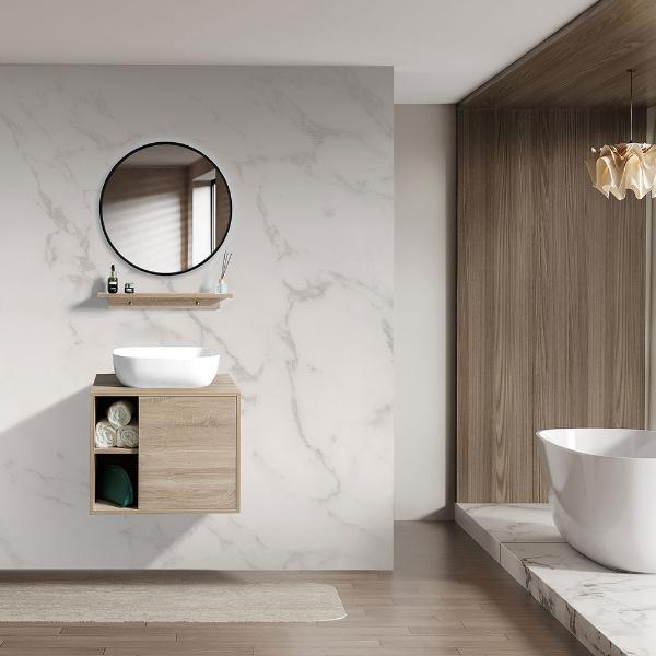 MUEBLE PARA BAÑO FLOTANTE VIGO 24" OAK PVC CON ESPEJO, REPISA Y OVALÍN