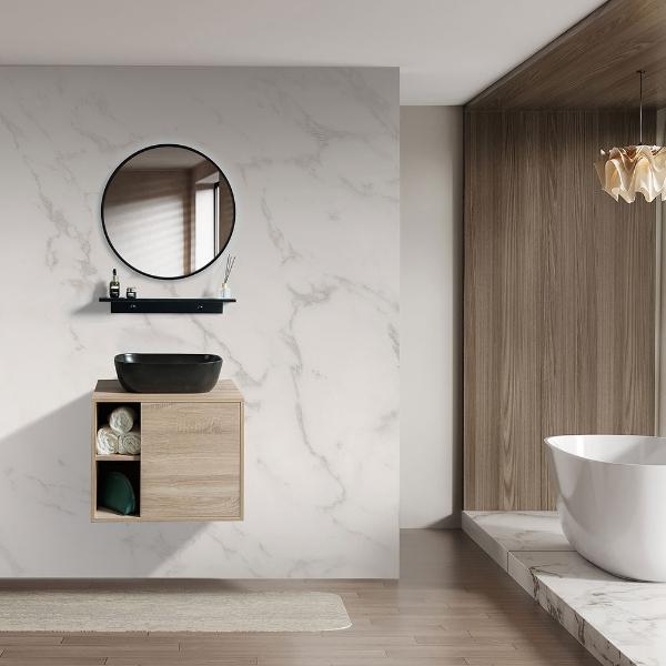 MUEBLE PARA BAÑO FLOTANTE VIGO 24" OAK PVC CON ESPEJO, REPISA Y OVALÍN