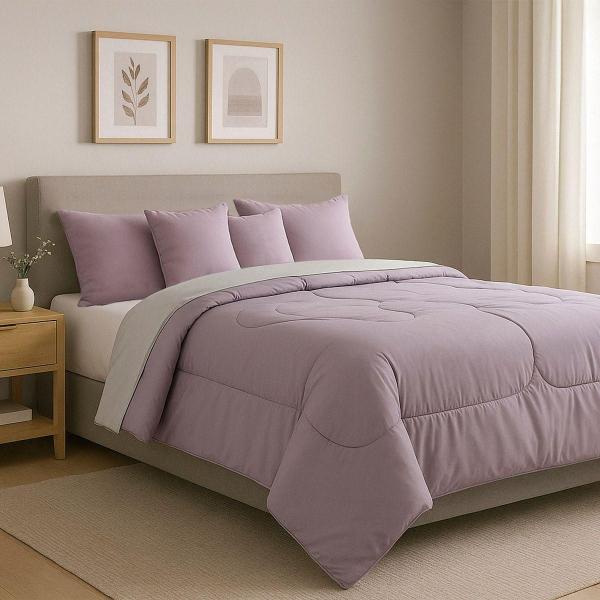 COMBO DICASA QUEEN SIZE EDREDON COUZY LILA-GRIS + SABANAS SOFTY PLATINO