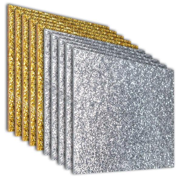 PACK DE 10 LÁMINAS GLITTER, DORADO (5PZS) Y PLATA (5PZS) 40X40