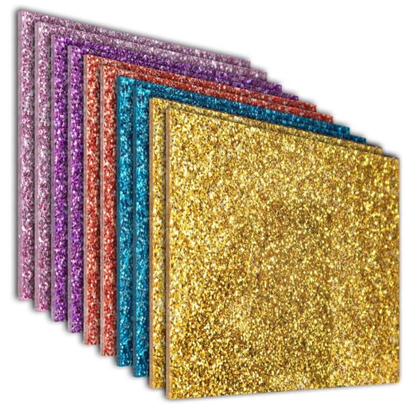 PACK 10 LÁMINAS ACRÍLICO COL. GLITTER, ROSA, MORADO, ROJO, AZUL, DORADO (2 PZS C/UNO)