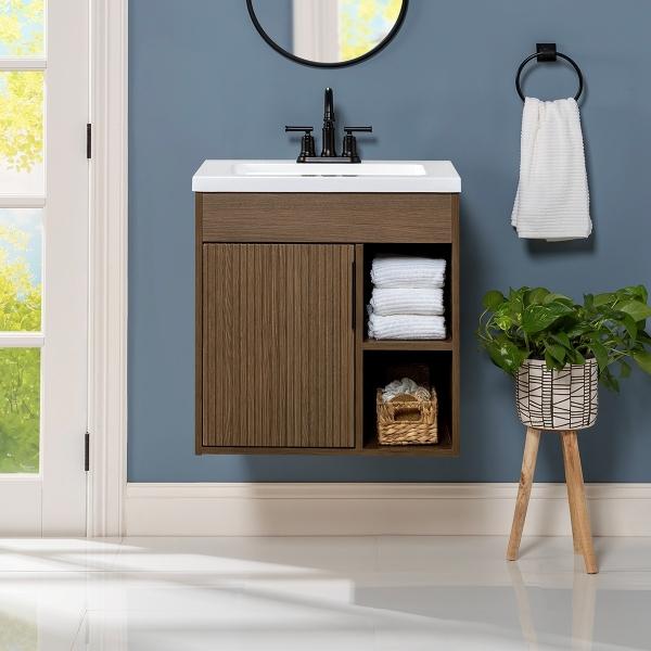 MUEBLE PARA BAÑO FLOTANTE LEIRO 24" NOGAL MDF TERMOFORMADO CON LAVABO BLANCO