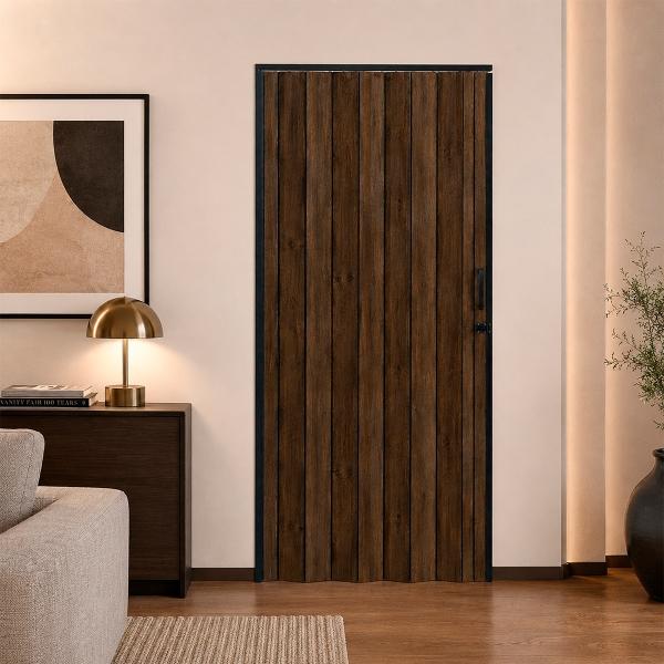 PUERTA INTERIOR PLEGABLE DE PVC SATURNO 90X200 CM NOGAL OSCURO CON NEGRO