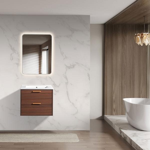 MUEBLE PARA BAÑO FLOTANTE 24" CAFÉ PVC CON LAVABO Y ESPEJO
