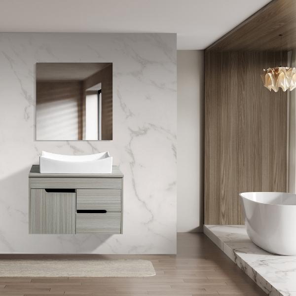 MUEBLE PARA BAÑO FLOTANTE 28" BEIGE PVC CON OVALÍN Y ESPEJO