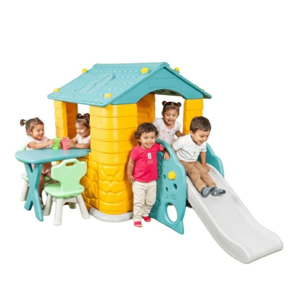 Casita de Juegos Infantil con Resbaladilla y Mesa de Picnic para Exterior