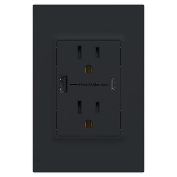 TOMA CORRIENTE DUPLEX US 2P+T 15A+2 USB A+C NEGRO