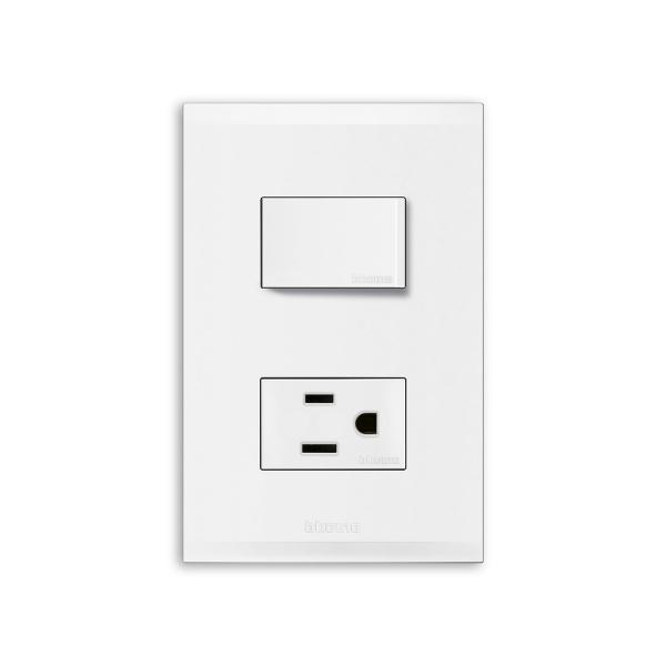 PLACA CON 1 INTERRUPTOR SENCILLO + 1 TOMACORRIENTE DE POLICARBONATO COLOR BLANCO