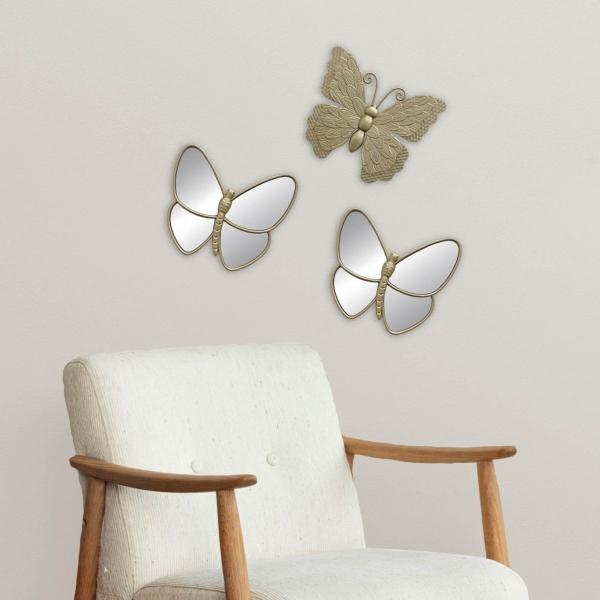 SET DE ESPEJOS 3 PIEZAS MARIPOSA DORADO 25 X 23 CM DECORATIVO MODERNO