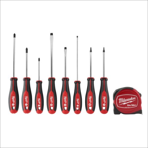 KIT DE 8 DESTORNILLADORES CON PUNTA CUADRADA Y FLEXÓMETRO MILWAUKEE 8 METROS