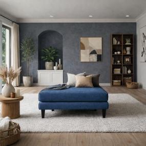 Taburete Azul Marino para Sala Acolchado en Hule Espuma. Estructura de Madera de Pino Maciza