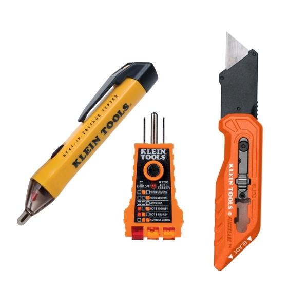 COMBO ELECTRICISTA CON 3 PIEZAS: INDICADOR DE VOLTAJE, PROBADOR CONTACTOS GFCI Y NAVAJA PLEGABLE