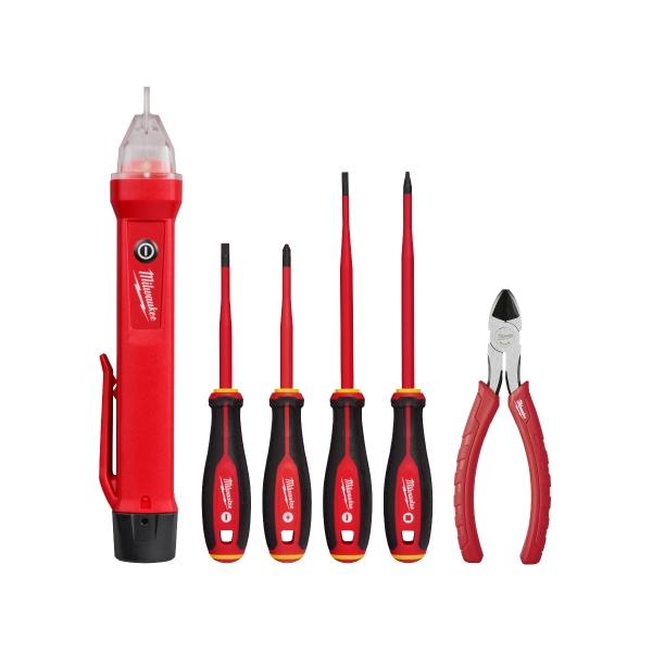 COMBO ELÉCTRICO: DETECTOR DE VOLTAJE, SET DE 4 DESARMADORES Y PINZAS DE CORTE DIAGONAL MILWAUKEE