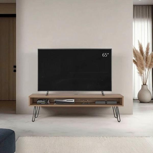 MESA PARA TV RALF MIEL CON PATAS METÁLICAS Y ESPACIO DE TV HASTA 70 PULGADAS.