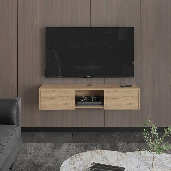 MESA PARA TV FLOTANTE GLEID MACADAMIA CON DOS PUERTAS ABATIBLES.