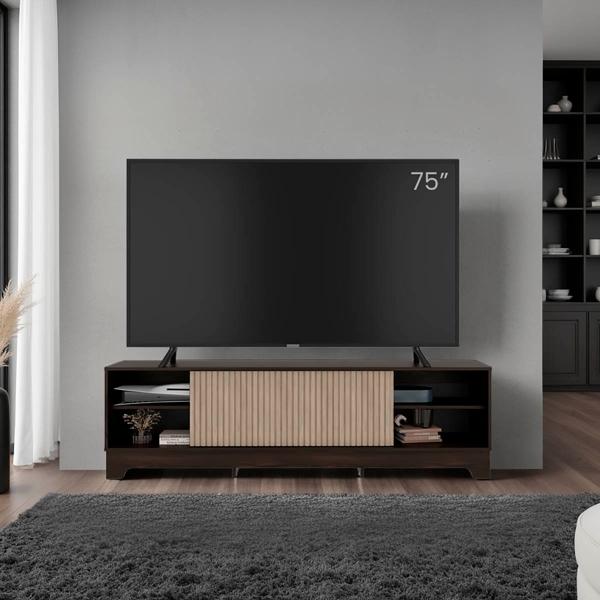 MESA PARA TV SMITH NOGAL EUROPEO Y ROBLE NATURAL CON PUERTA CORREDIZA.
