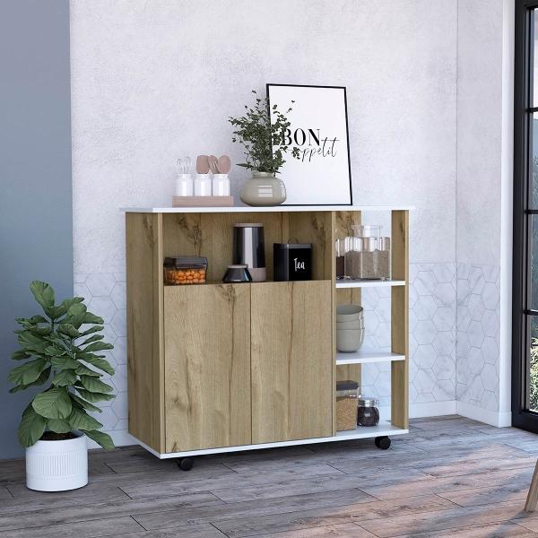MESA AUXILIAR DE COCINA CORALYN BLANCO Y CAFÉ CLARO CON TRES ENTREPAÑOS Y RODACHINES.