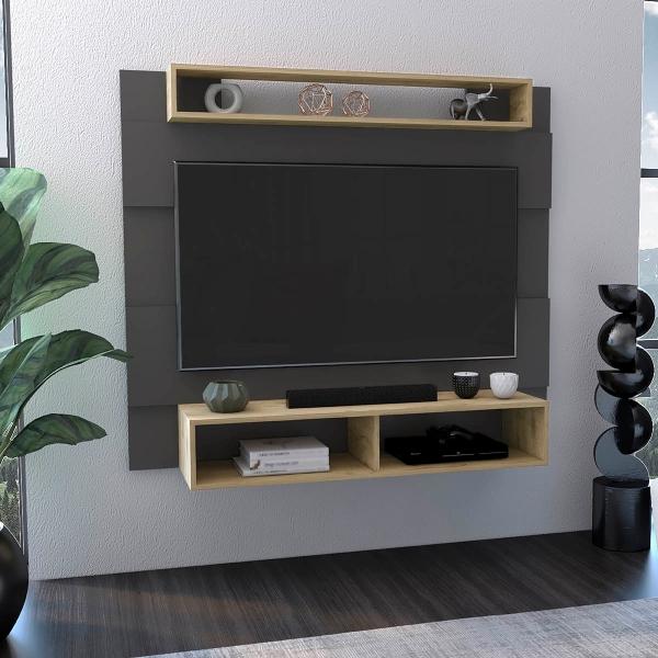 PANEL DE TV CHARES PLATA OSCURO Y MACADAMIA CON ESPACIO PARA TELEVISOR DE HASTA 55 PULGADAS.