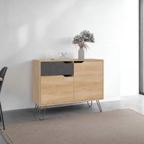 MESA AUXILIAR RECIBIDOR MONACO CAFÉ CLARO Y PIEDRA CON DOS PUERTAS Y UN CAJÓN EXTENSIÓN TOTAL