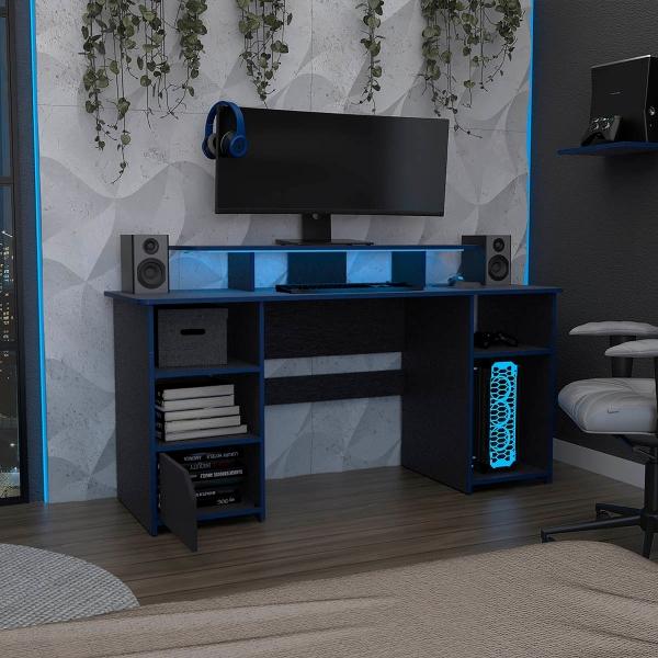 ESCRITORIO GAMER TROLLINO WENGUE Y AZUL CON LUZ LED Y ESPACIO ADICIONAL PARA PANTALLAS