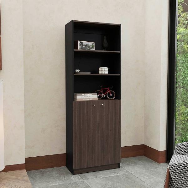 LIBRERO HOME WENGUE CON CINCO ENTREPAÑOS Y DOS PUERTAS ABATIBLES