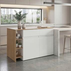 BARRA DE COCINA POLUX BLANCO Y BEIGE CON AMPLIA SUPERFICIE SUPERIOR Y ENTREPAÑOS