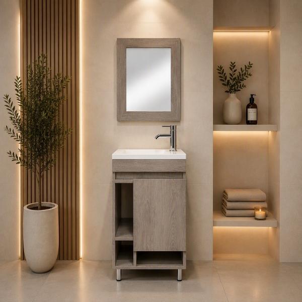 MUEBLE PARA BAÑO DE PISO GAUDI 19" ROBLE CLARO MDP LAVABO MONOMANDO ESPEJO