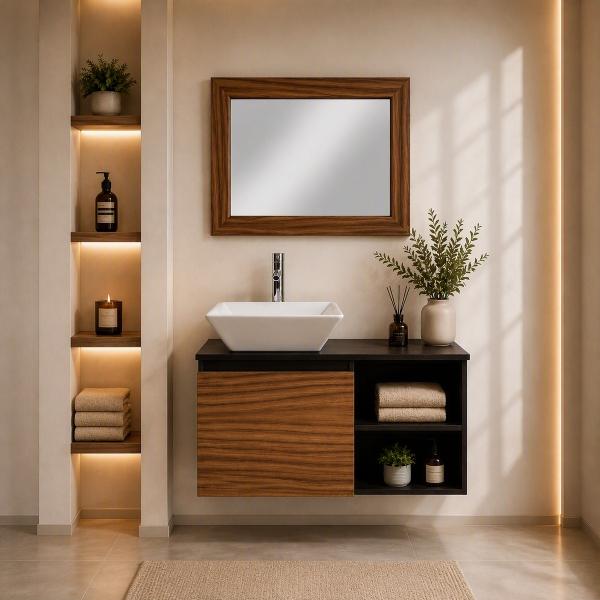 MUEBLE PARA BAÑO FLOTANTE SANZIO 32" CAFE OBSCURO RIVIERA MDP LAVABO MONOMANDO ESPEJO